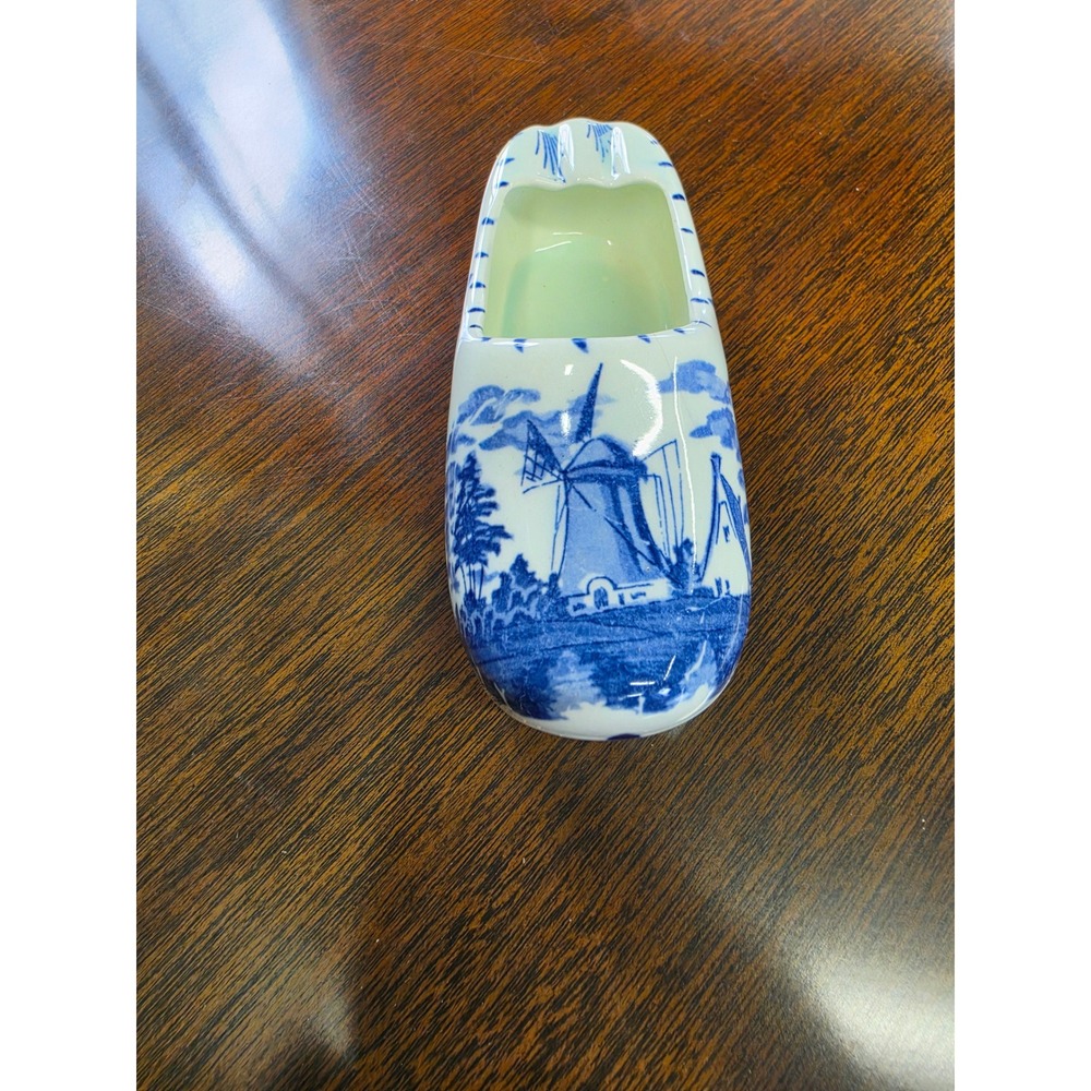 Vintage Delft Blue Ceramic Clog Ashtray Dutch Windmill Shoe Figurine Blue White
